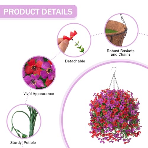 INXUGAO Artificial Hanging Flowers Plants with Basket for Outdoors, Realistic Faux Silk Daisy Flower Eucalyptus for Spring Decor, UV Resistant Fake Plants for Porch Patio Yard Balcony, Red Purple - color: A-purple Red