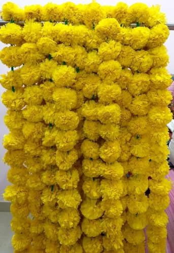 Artificial Marigold Garland for Decoration 5 Pcs of 5 feet Long Strands Artificial Marigold Flowers, Indian Decor for Pooja, Wedding Christmas, Events Decorations (Yellow) - color: Yellow