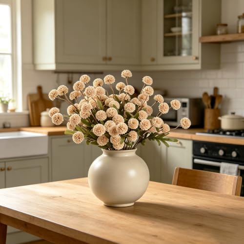 HNVNER Faux Flowers for Vase 10PCS, Beige Long Stem Artificial Flowers Indoor Silk Pompon Mum, Realistic Fake Filler Stem for Tall Vase, Farmhouse Home Decoration Table Centerpieces - color: Beige