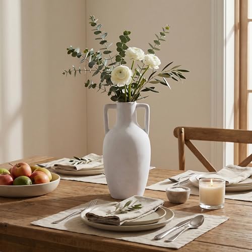 Ceramic Flower Vase with Handles, 12.8 inch Tall Ceramic Vase Farmhouse Rustic Vases Decorative Pottery Vases Large Floor Vase for Home Decor Living Room Table Bookshelf Centerpiece Fireplace, White - color: 12.8 in - White