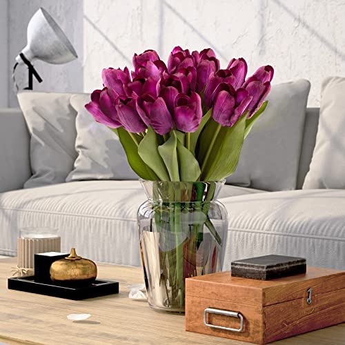 20PCS Artificial Tulips Real Touch Faux Flower Moisturizing Tulips for Photography Ornaments Home Garden Wedding Party Decor Fake Flowers (Purple) - color: Purple