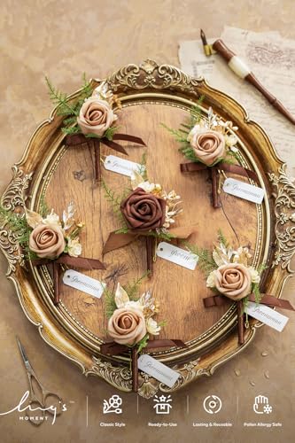 Ling's moment Boutonniere for Men, 6pcs Groom Groomsmen Boutonniere, Artificial Flowers for Wedding Decor/Prom/Homecoming, etc.Walnut Brown - color: Brn-walnut Brown