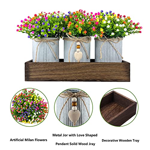 Table Centerpiece Decoration Artificial Flower Set with 3 Fake Milan Bouquet and Wood Tray for Desk Home Bathroom Office Décor - style: Milan Bouquet