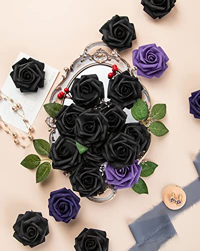 DuHouse 25Pcs Artificial Roses Flowers Fake Roses with Stems Real Touch Foam Flowers for DIY Wedding Bouquet Centerpiece Halloween Floral Arrangement Party Home Decor(Black) - color: Black, size: 25pcs