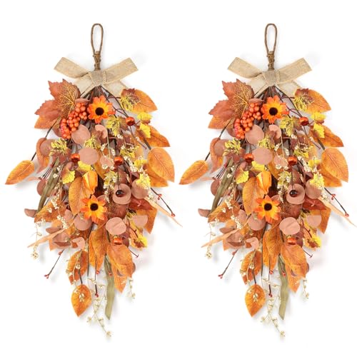 2 Pcs 24" Artificia Fall Teardrop Swag Autumn Harvest Sunflowers Pumpkins Leaves Berries Door Swag Hanging Flower Wreath for Thanksgiving Fall Front Door Window Wall Decor - color: Fall Swags-1