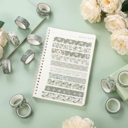 12 Rolls Watercolor Floral Washi Tape Set 15 mm Vintage Flower Decorative Masking Tape for Summer School Arts DIY Craft Scrapbook Journal Supplies Gifts(Sage Green,Greenery) - color: Sage Green, style: Greenery