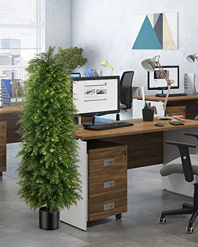 2 Pack 5ft Artificial Cedar Topiary Trees, Outdoor Artificial Plants for Front Porch Décor, Artificial Shrubs Fake Plants Uv Rated Potted Plants for Outdoor, Indoor, Front Door, Office - size: 5Ft