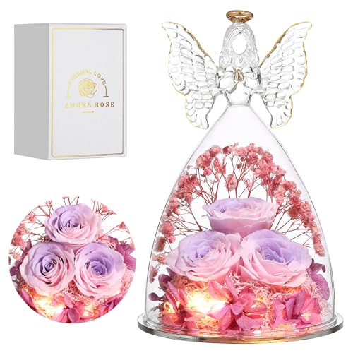 Mothers Day Mom Gifts for Women Preserved Flowers in Glass Angel Forever Flowers Gifts Eternal Roses Gifts for Grandma, PinkpurplePink - color: Pinkpurplepink