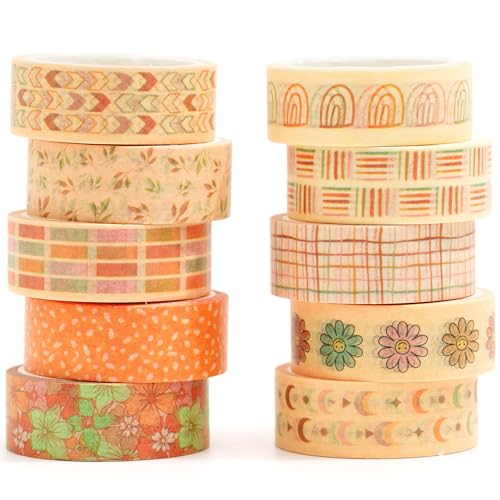 Boho Washi Tape Set 10 Rolls Cute Masking Graphic Floral Pattern Decorative Tapes for Arts, DIY Crafts, Journals, Planners, Scrapbook, Wrapping (Colors) - color: Colors
