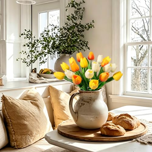 Beferr 18pcs Tulips Artificial Flowers Faux Tulip Real Touch Tulip Fake Flowers Bouquets Arrangements for Mothers Day Spring Easter Wedding Home Table Decor Blush - color: D-18pcs-3colors-colorful-5, size: 18PCS