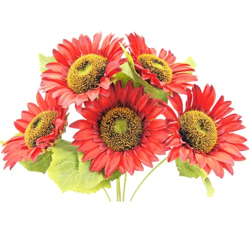 5pcs Artificial Red Sunflowers Vintage Fake Silk Sunflowers Fake Sunflowers Bouquet Large Decor for Home Hotel Office Wedding Party Garden - color: Red