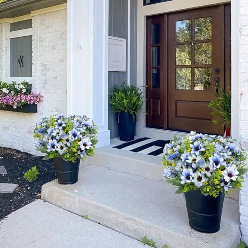 8 Bundles Fake Silk Daisy Outdoor Artificial Flowers UV Resistant Faux Plants Bright Colors for Front Porch Planter Balcony Patio Garden Home Indoor Decoration (Blue) - color: Blue