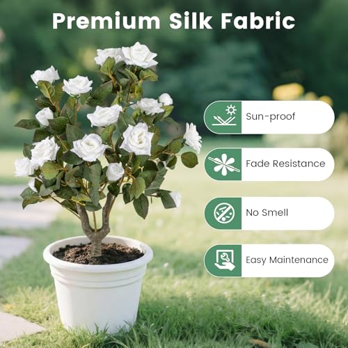 Goplus 2 Pack Artificial Rose Flower Trees, 31.5” Fake Shrub Plants with Spikes, 186 Leaves & 18 White Flowers, Sun-Proof Indoor & Outdoor Silk Floral Topiary Plants for Home Porch Wedding - color: White Rose