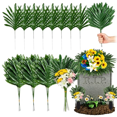 24 PCS Artificial Fern Stems - Silk Green Fern Cemetery Flower Leaf,Faux Cemetery Palm Leaves with Stems,Fake Palm Fronds Greenery Stems Fern Leaves for Cemetery Saddles Headstone DIY Floral Decor - size: 24pcs