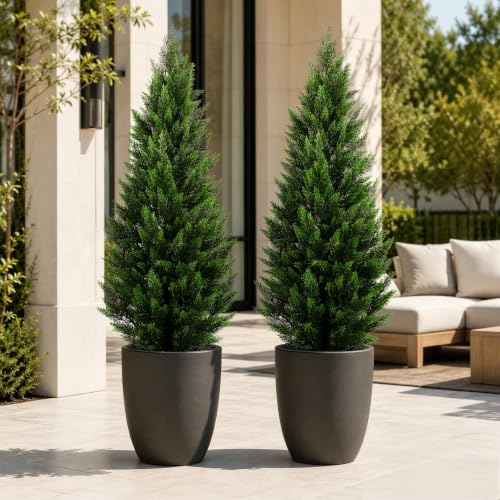 Artificial Topiary Cedar Trees 5FT Tall 2 Set, Outdoor Indoor Faux Pine Shrubs Plants, Realistic Fake Plants Front Porch Decor, Artificial Bushes Cypress for Home Front Door Offices - color: 2*pine Tree 5ft