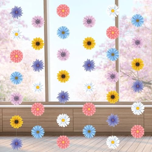 4PCS Flower Ceiling Decorations, Hanging Flowers Garland Spring Daisy Baby Shower Decorations for Girl Birthday Paper Floral Garland for Garden Fairy Tea Party Office Classroom Summer Decorations