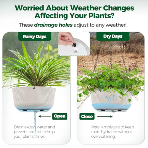 T4U 10 Inch Hanging Planters for Indoor Plants, 2 Pack White Self Watering Hanging Plant Pot, Hanging Pots Set with Drainage Hole & Plug & Chain with 3 Hooks for Garden Home Decor - color: White, size: 10 inch