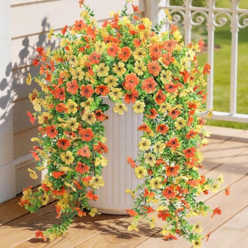 Fake Artificial Hanging Flowers for Outdoors, 2 Pcs Fake Hanging Plant Spring Summer Decor, UV Resistant No Fade Faux Silk Daisy Flower for Front Door Porch Planter Patio Yard Garden(Orange Yellow) - color: Orange, Yellow