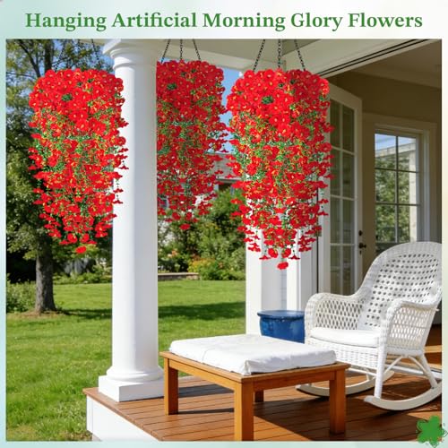 Artificial Hanging Flowers for Outdoors, 6Pcs UV Resistant Morning Glory Vines Fake Flowers with Eucalyptus, Realistic Silk Faux Hanging Plants Decor for Outside Planter Porch Patio (Red) - color: Red