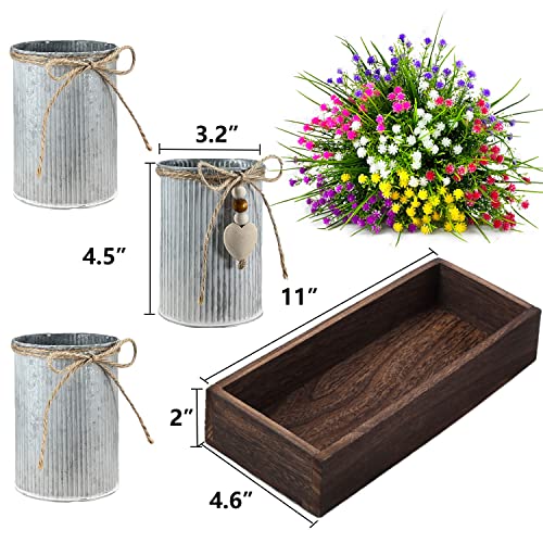 CALAVAK Decorative Centerpiece Wooden Tray with 3 Metal Potted Artificial Babys Breath Gypsophila Plant Flowers Rustic Country Farmhouse Décor for Dining Room, Living Room and Kitchen Table - style: Milan Plants