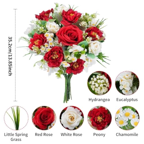 14in Cemetery Flowers for Grave Vase Red and White Flowers Fake Red Roses | Grave Flowers for Cemetery Memorial Mixed Artificial Flower Bouquet Silk Flower Arrangements for Home Table DIY Wedding - color: Red White
