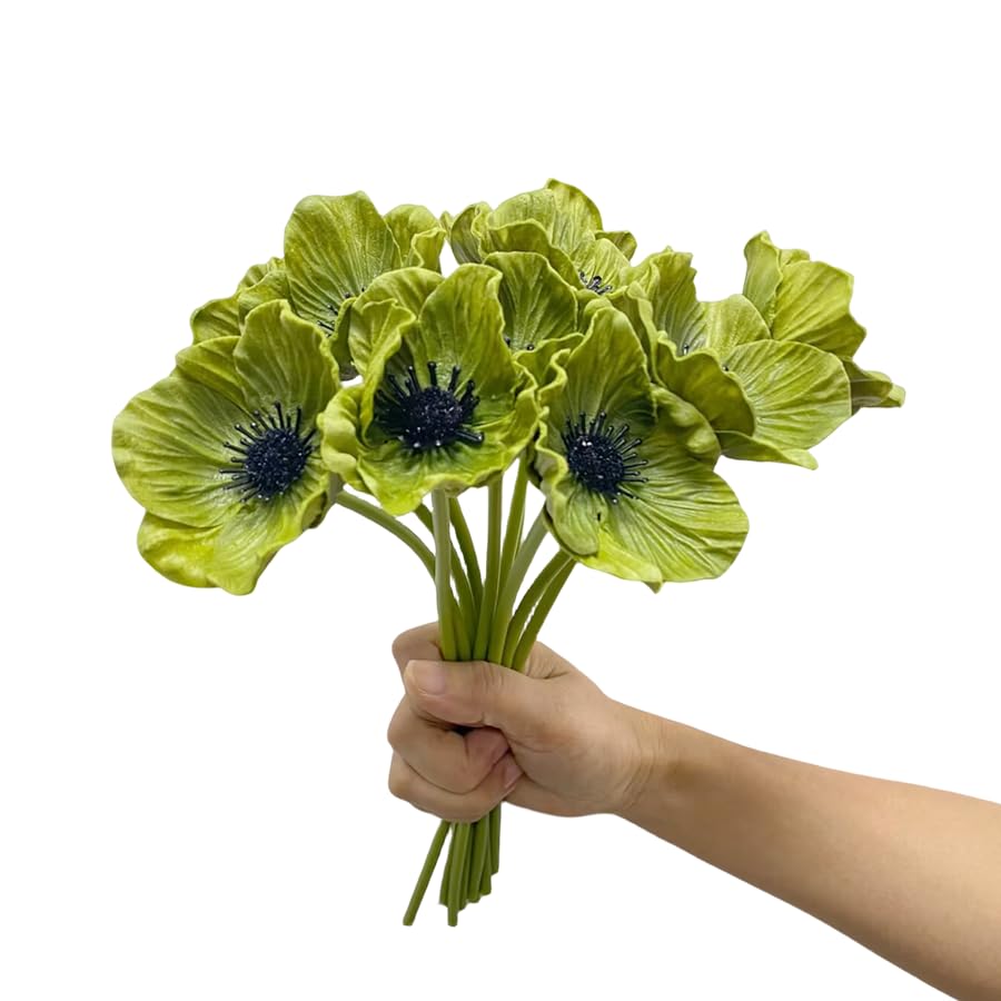 Rikyo 10 Stem 11" Bouquets Artificial Flowers Poppy Flowers,No Fade Faux Anemone Wild Flowers for Kitchen Table Centerpiece Vase,Home Greenery Wedding Holding Flowers Backdrop Arch Wall (Green) - color: Green