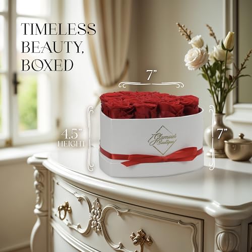 GLAMOUR BOUTIQUE Preserved Roses in a Box - Gifts for Her, Wife & Mom, Rose Flowers Forever Decor for Birthday Gift, Get Well Flower Bouquet Cased in White Box with Cover - Red - 16 (Color-Treated) - color: Red, size: 16 Roses Heart Box