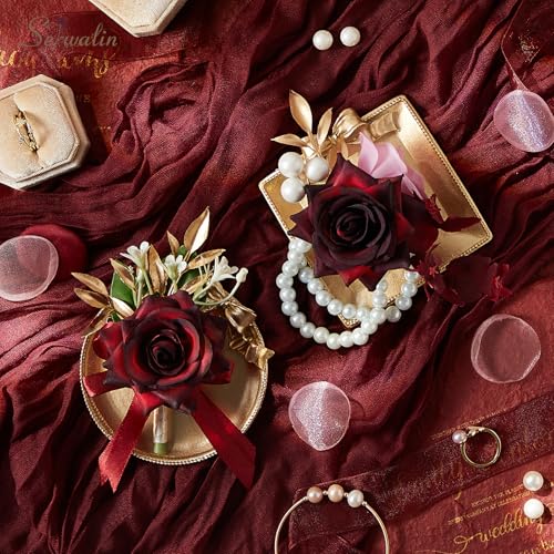 Serwalin Corsage and Boutonniere Set, Burgundy Wrist Corsage for Prom and Boutonniere for Men Wedding Artificial Flowers Rose Flowers for Homecoming Wedding Accessories - color: Burgundy, size: 1 Boutonniere & 1 Wrist Corsage - 2pcs