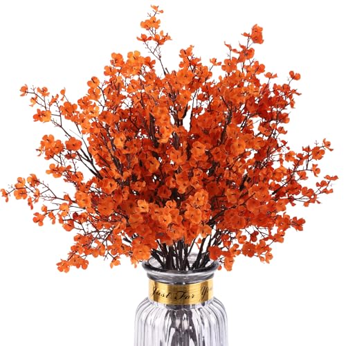 8Pcs Babys Breath Artificial Fake Fall Flowers, Real Touch Orange Plants Silk Flowers for Vase Home Office Wedding Indoor Outdoor Centerpiece Table Party Autumn Christmas Decorations - color: Orange, size: 8 Bundles
