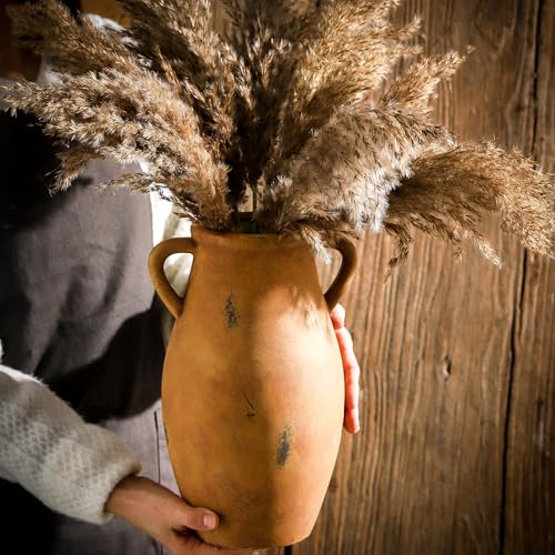 Large Ceramic Flower Vase,11.3 inch Terracotta Vase with 2 Handles, Rustic Farmhouse Vases, Decorative Pottery Flower Vases for Home Decor, Living Room Shelf Decor, Table - color: 102-2-11.3in