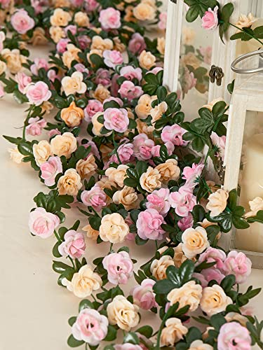 PARTY JOY 8pcs 65.6Ft Flower Garland, Fake Rose Vine Artificial Flowers Hanging Rose Ivy Garland for Room Wall Decor Hanging Baskets Wedding Arch Garden Background Decor - color: 8pc-pink-gold Champagne, size: 8PC