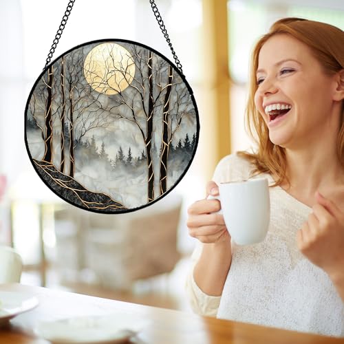 Stained Glass Window Hanging - Black and White Gold Moon Forest Sun Catcher for Door Home Decor Suncatcher Christmas Mother's Day Birthday Gifts for Women Men Lovers Mom Nana 11.8 in - color: Black Gold, size: 11.8x11.8 IN