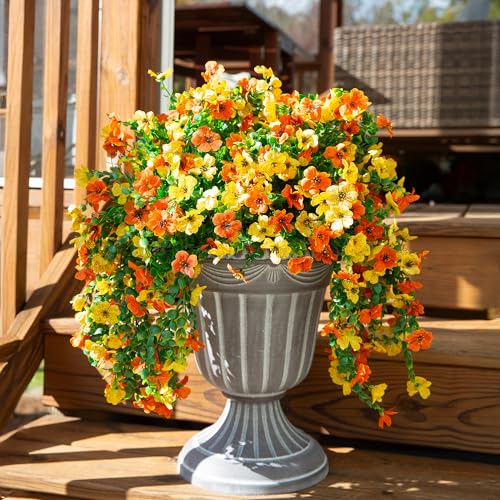 INSPRING Artificial Flowers for Outdoors Fake Mums Hanging Plants Decor, 2Pcs Silk Daisy with Eucalyptus UV Resistant Look Real Trailing Vines for Planter Front Door Patio Yard, OrangeYellow - color: Orangeyellow