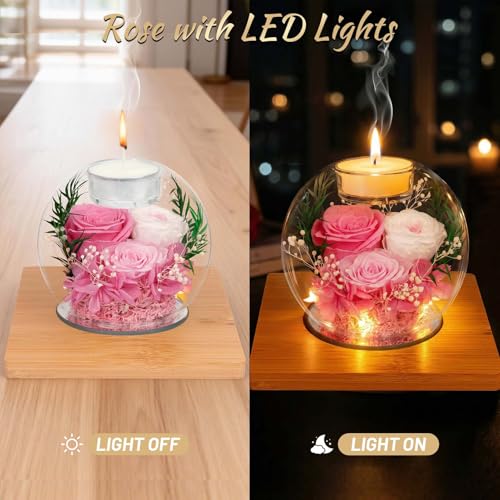 ENERLEAF Preserved Pink Real Rose in Glass with Scented Candles – Forever Flower Romantic Anniversary Christmas Birthday Valentines for Mom, Women, Wife, Girlfriend, Her, Grandma - color: Glass-pink