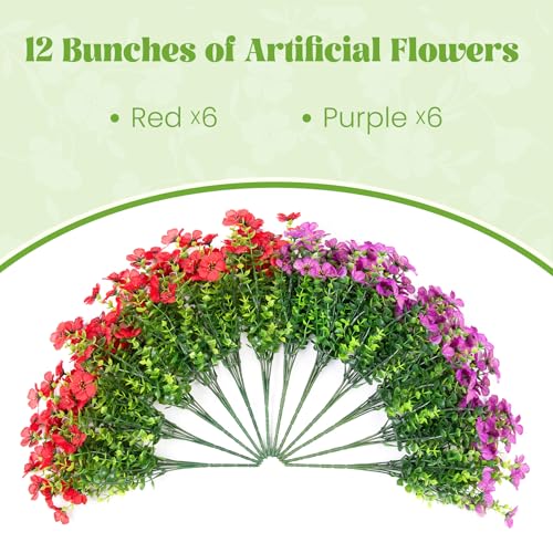 Ammyoo Artificial Fake Plants Flowers for Outdoor Spring Summer Decor, 12 Bundles Faux Silk Daisy for Planter Pot Colorful UV Resistant Look Real for Front Door Porch Patio Outside Yard(Purple Red) - color: Purple Red