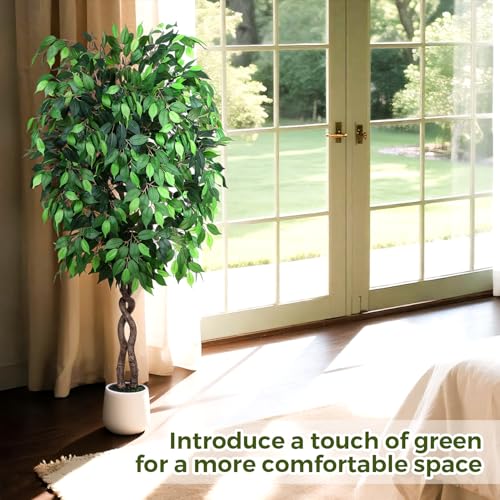 Jocoevol 6FT Artificial Ficus Tree, Tall Faux Trees Indoor with White Planter, Dried Moss, Natural Silk Leaves & Trunk, Fake Plants for Home Living Room Office Corner Decor Housewarming Gift - color: Green, size: 6ft