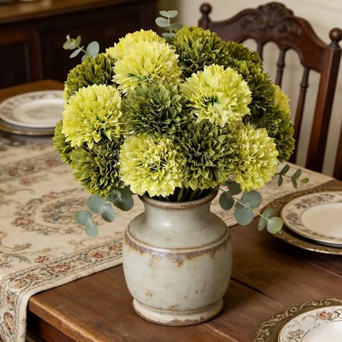 Kimura's Cabin 20Pcs Green Chrysanthemum Artificial Flowers Fake Silk Mums Flower with Stem Balls Flowers for Wedding Bouquets Arrangements St Patricks Day Home Garden Table Centerpieces DIY Decor - color: Grass Green