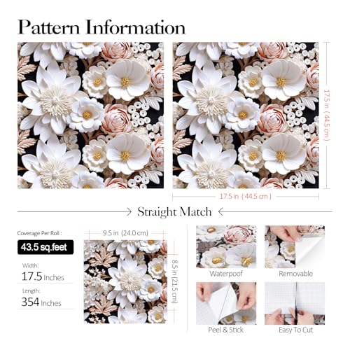 FunStick 17.5"x354" White Faux 3D Floral Peel and Stick Wallpaper Black Pink Embossed Floral Wallpaper for Bathroom Living Room Accent Wall Panels Self Adhesive Contact Paper for Walls Shelves Vinyl - size: 354" x 17.5"