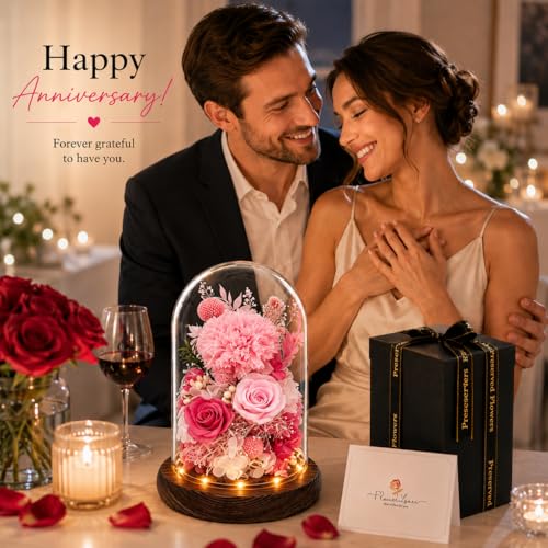Preserved Flowers in Glass, Preserved Rose with 1 Carnation & 2 Pink Roses Luxury Eternal Flower Gift for Grandma Wife Her Forever Flowers for Anniversary Birthday Lasts 3-5 Years - color: Pink