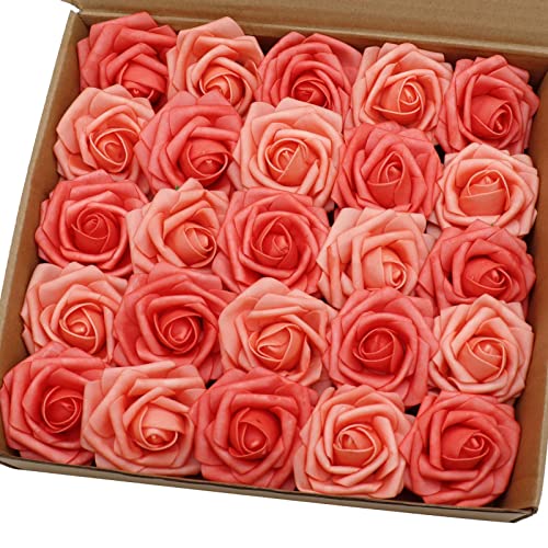Artificial Flowers 50PCS Real Looking Mixed Living Coral Fake Roses with Stem for DIY Wedding Bouquets Centerpieces Baby Shower Party Home Decorations - color: Mixed Living Coral, size: 3"/50pcs