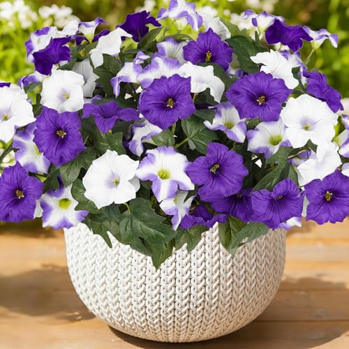 Artificial Flowers for Outdoors, Faux Petunias Spring Summer Decoration, Fake Flowers Plants UV Resistant Look Real Silk Flowers for Outside Planter Front Door Porch Patio Yard (6, Purple-White) - color: Purple-white