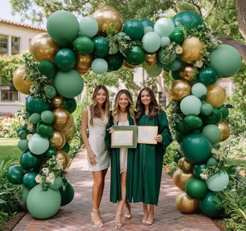 Green Gold Balloon Arch Double Stuffed Dark Sage Emerald Green Balloon Garland Kit Latex Metallic Balloons for Birthday Fathers Day Graduation Wedding Baby Shower Jungle Spring Party Decor - color: Green Gold