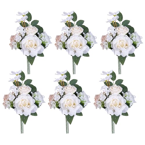 White and Sage Wedding Centerpieces Flowers Set of 6 Mini Bridesmaid Bouquets Posy Bouquet Pre-Made Wedding Flowers Centerpieces for Tables Artificial Flowers - color: White