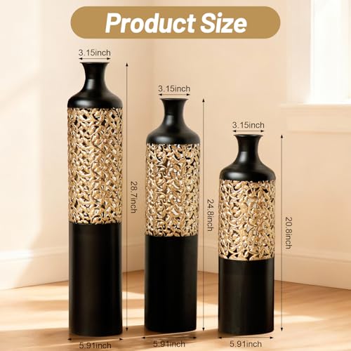 Floor Vases, Tall Home Decor Metal Vase Set of 3 Large Glazed Decorative Vases for Wedding Decor, Elegant Modern Flower Holder for Living Room, Entryway, Hallway - color: Leaf Cluster Black Gold
