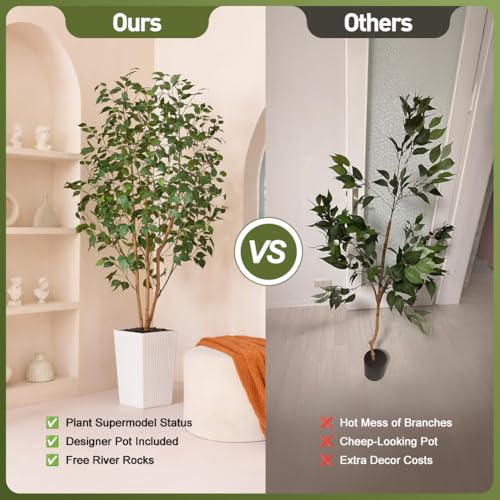 VeriNatural 6ft Artificial Ficus Tree-Tall Faux Tree with Pebbles & Planter UV Resistant Potted Fake Plant with Silk Leaves & Real Wood Trunk-Indoor Outdoor Floor Plant for Home,Living Room,VN129 - color: White, size: 6ft