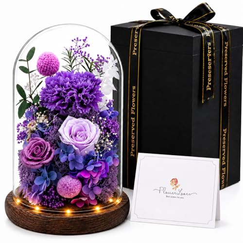 Preserved Flowers in Glass, Preserved Rose with 1 Royal Purple Carnation & 2 Roses, Eternal Flower Gift for Grandma Wife, Forever Flowers for Anniversary Birthday Lasts 3-5 Years - color: Purple