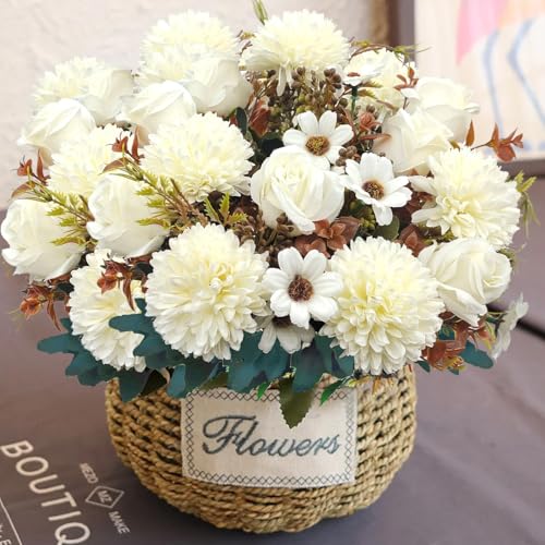 3 Pcs Fall Flowers Artificial Mums Silk Fake Mums Bouquet Faux Floral Arrangements Home Indoor Outdoor Planter Decor Party Wedding Table Autumn Decoration (White) - color: White