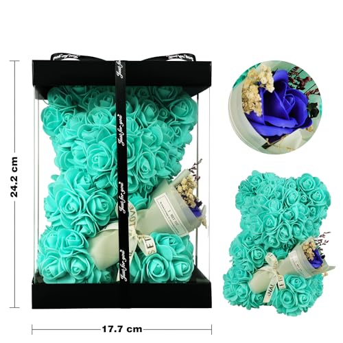 Rose Bear Valentines Day Gifts for Her, Rose Teddy Bear Romantic Gifts for Girlfriend Wife Mom,Flower Bear with Rose Bouquet and 100 Languages I Love You Necklace - color: Greenish Blue