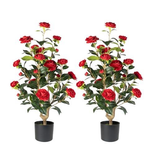 Artificial Camellia Tree 2 Pack - Realistic Camellia Plants in Pot with Red Flowers, Lifelike Faux Greenery for Living Room, Patio, or Wedding, Red - color: Red