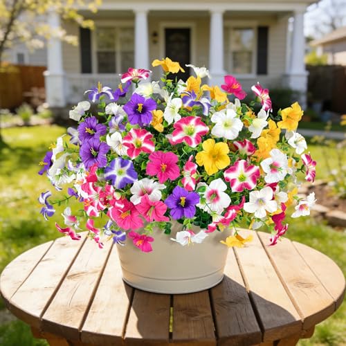 ICX 12pcs Artificial Flowers Fake Plants for Outdoors Decoration-12 Mix | Fake Silk Morning Glory Realistic UV Resistant Flowers for Outside for Pot, Front Door Porch Yard Patio Hanging Basket - color: 12pcs-mixed Colors